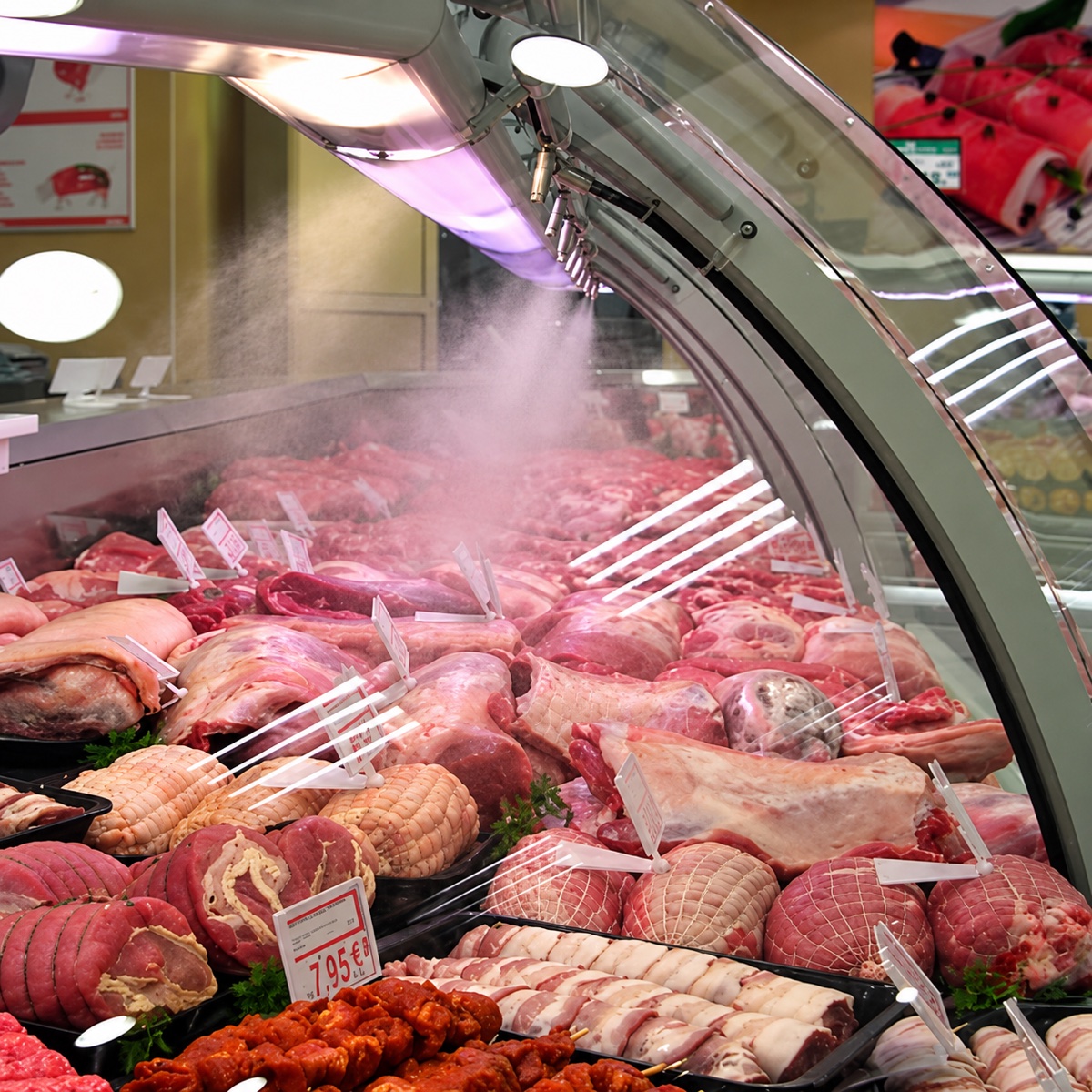 Brumisation d’une vitrine réfrigérée pour la conservation de la viande