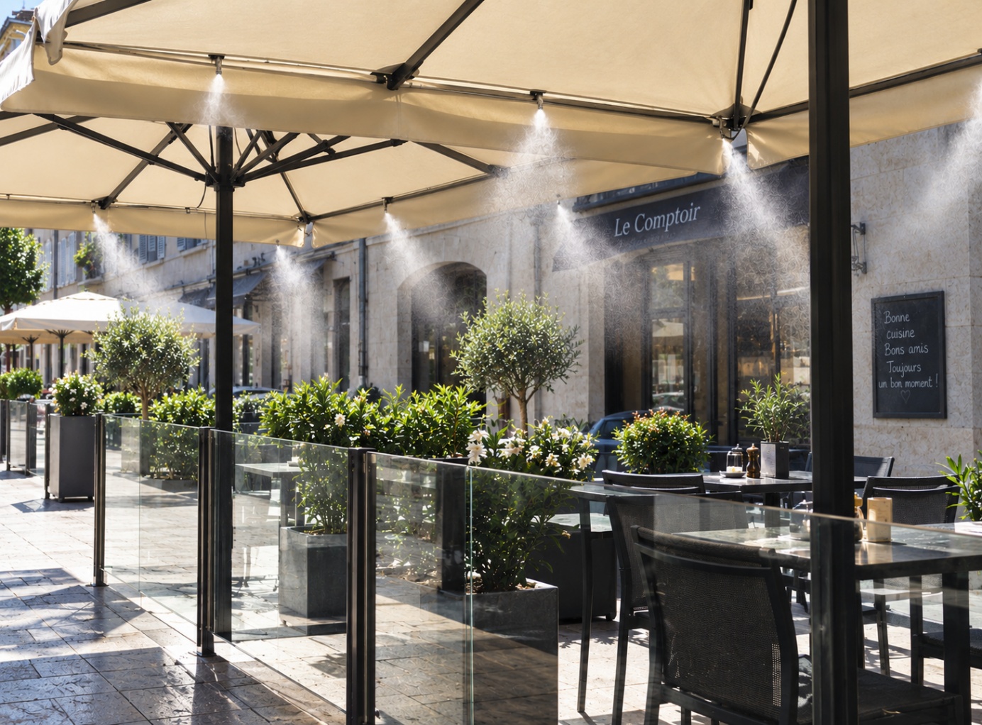 Terrasse de restaurant rafraîchie par micro-brumisation